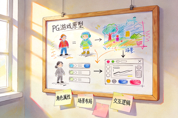 PG游戏开发概念设计阶段，白板上绘制游戏原型与交互草图
